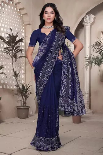 Navy blue sequin embroidered net saree with unstitch blouse