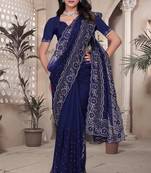 Navy blue sequin embroidered net saree sari with unstitch blouse piece
