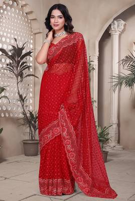Red sequin embroidered net saree sari with unstitch blouse piece 1