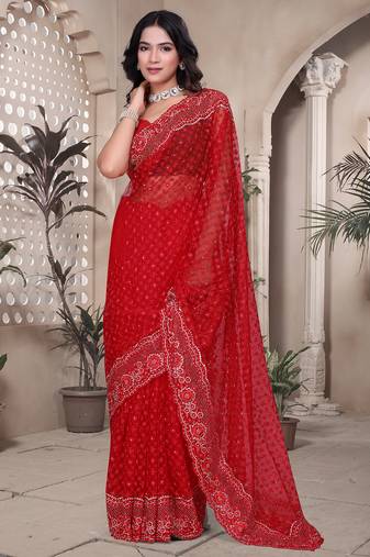 Red sequin embroidered net saree with unstitch blouse