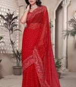 Red sequin embroidered net saree sari with unstitch blouse piece