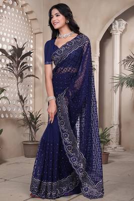 Navy blue sequin embroidered net saree sari with unstitch blouse piece 2