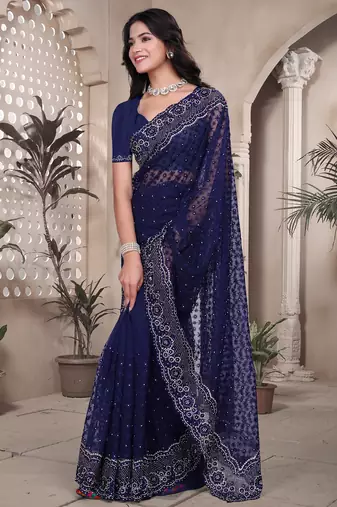 Navy blue sequin embroidered net saree sari with unstitch blouse piece