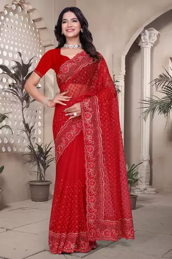 Red sequin embroidered net saree sari with unstitch blouse piece
