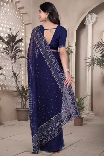 Navy blue sequin embroidered net saree sari with unstitch blouse piece