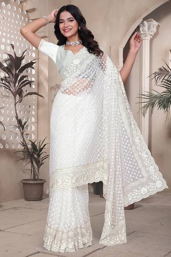 White sequin embroidered net saree with unstitch blouse