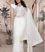 White sequin embroidered net saree sari with unstitch blouse piece