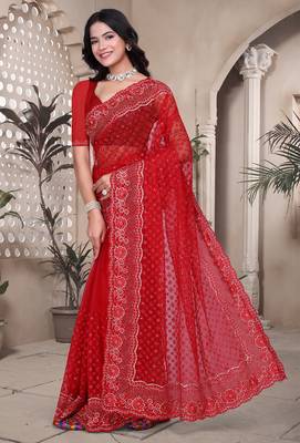 Red sequin embroidered net saree sari with unstitch blouse piece 3