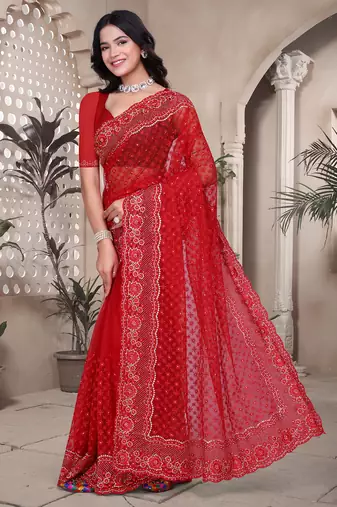 Red sequin embroidered net saree sari with unstitch blouse piece