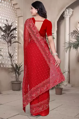 Red sequin embroidered net saree sari with unstitch blouse piece