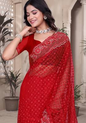 Red sequin embroidered net saree sari with unstitch blouse piece 5