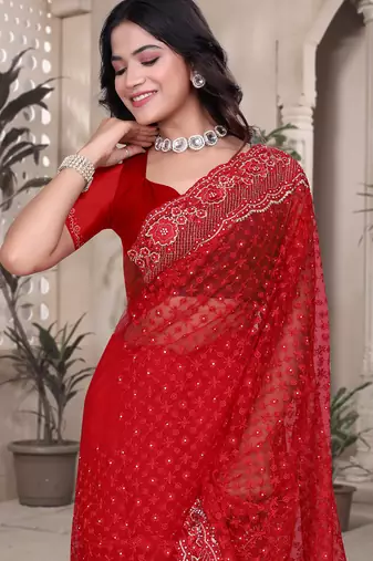 Red sequin embroidered net saree sari with unstitch blouse piece