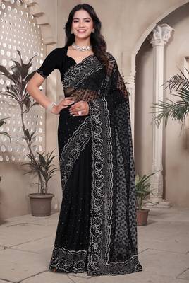Black sequin embroidered net saree sari with unstitch blouse piece 1