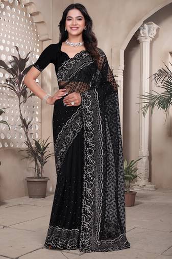 Black sequin embroidered net saree with unstitch blouse