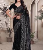 Black sequin embroidered net saree sari with unstitch blouse piece