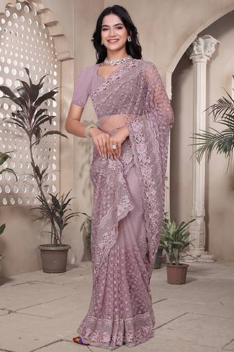 Lavender sequin embroidered net saree with unstitch blouse