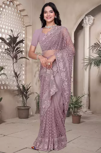 Lavender sequin embroidered net saree with unstitch blouse