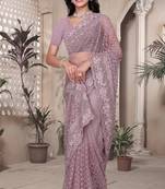Lavender sequin embroidered net saree sari with unstitch blouse piece