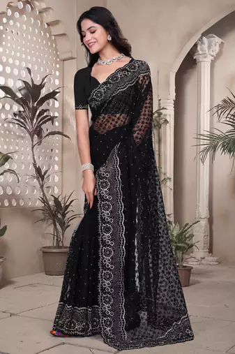 Black sequin embroidered net saree sari with unstitch blouse piece