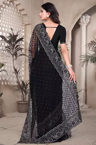 Black sequin embroidered net saree sari with unstitch blouse piece