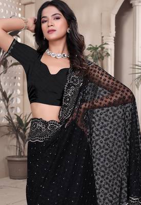 Black sequin embroidered net saree sari with unstitch blouse piece 5