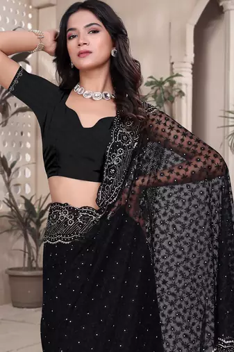 Black sequin embroidered net saree sari with unstitch blouse piece