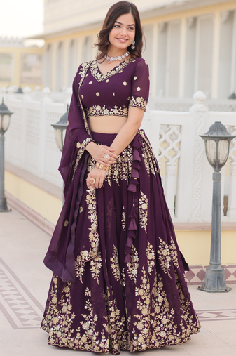 Purple Georgette Embroidered Work Lehenga Choli With Dupatta