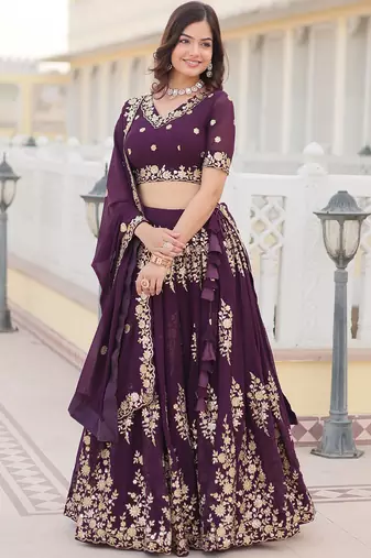 Purple Georgette Embroidered Work Lehenga Choli With Dupatta