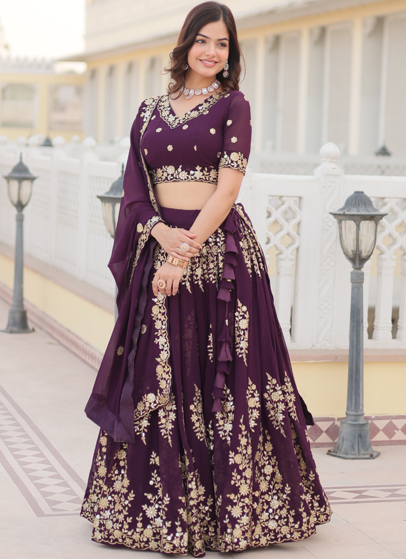Purple Georgette Embroidered Work Lehenga Choli With Dupatta