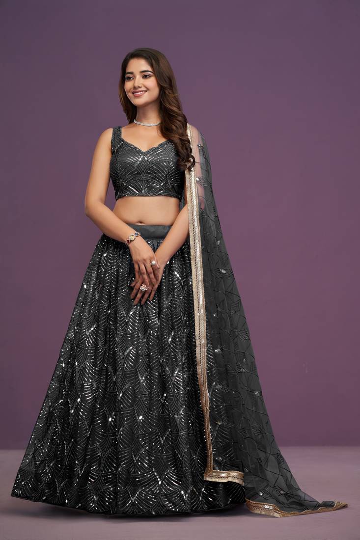 Black Zari sequin Embroidered Butterfly Net Lehenga Choli