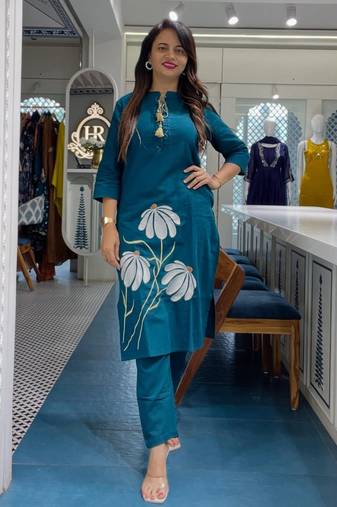 Teal Blue Cotton Kurta Set with White Floral Embroidery 