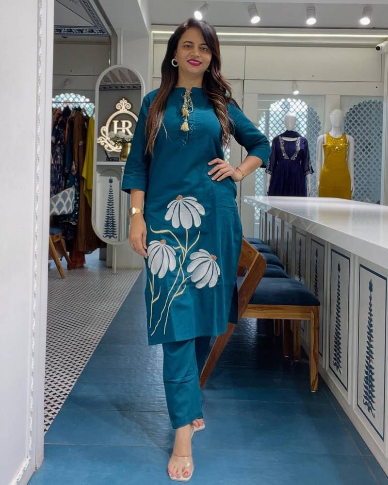 Teal Blue Cotton Kurta Set with White Floral Embroidery 
