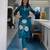 Teal Blue Cotton Kurta Set with White Floral Embroidery 