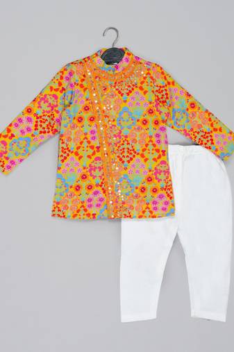 Mustard stylish floral printed front open kurta ,mirror work and embroidery with pajama set