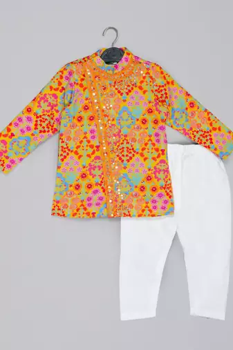 Mustard stylish floral printed front open kurta ,mirror work and embroidery with pajama set