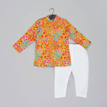 Mustard stylish floral printed front open kurta ,mirror work and embroidery with pajama set 1