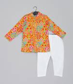 Mustard stylish floral printed front open kurta ,mirror work and embroidery with pajama set