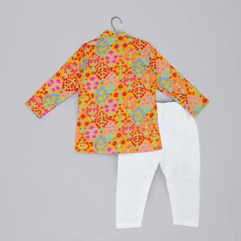 Mustard stylish floral printed front open kurta ,mirror work and embroidery with pajama set 2