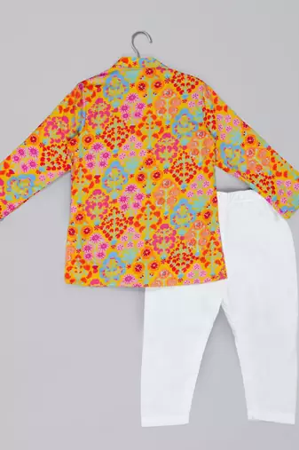 Mustard stylish floral printed front open kurta ,mirror work and embroidery with pajama set