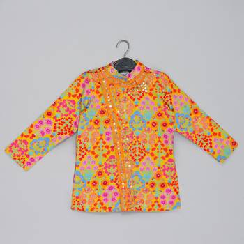 Mustard stylish floral printed front open kurta ,mirror work and embroidery with pajama set 3