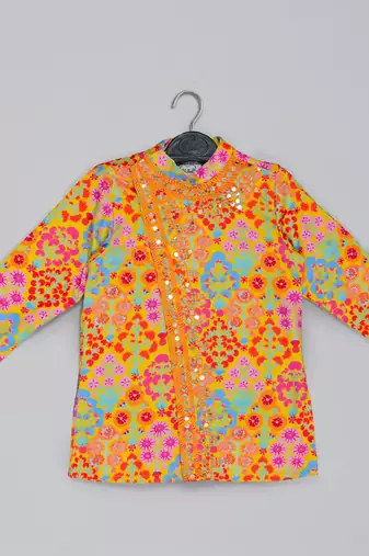 Mustard stylish floral printed front open kurta ,mirror work and embroidery with pajama set