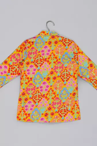 Mustard stylish floral printed front open kurta ,mirror work and embroidery with pajama set