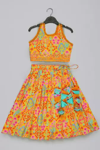 Mustard floral printed mirrow work and embroidered blouse with floral printed ghagara set