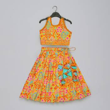 Mustard floral printed mirrow work and embroidered blouse with floral printed ghagara set 1