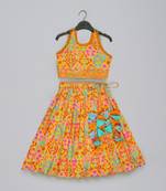 Mustard floral printed mirrow work and embroidered blouse with floral printed ghagara set