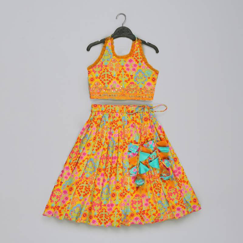 Mustard floral printed mirrow work and embroidered blouse with floral printed ghagara set
