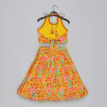Mustard floral printed mirrow work and embroidered blouse with floral printed ghagara set 2