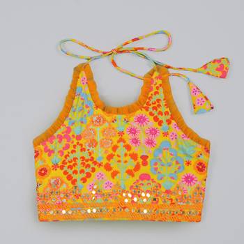 Mustard floral printed mirrow work and embroidered blouse with floral printed ghagara set 3