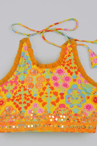 Mustard floral printed mirrow work and embroidered blouse with floral printed ghagara set