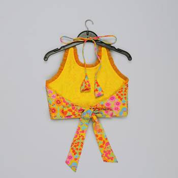 Mustard floral printed mirrow work and embroidered blouse with floral printed ghagara set 4